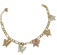 Product Details Gold plated base material. Beautiful Figaro link bracelet with butterfly charms. Bracelet is 8 inches long buts fits to 7.5 inches. Beautifully designed and crafted tri-color butterfly charm bracelet. Figaro Bracelet, Butterfly Charm Bracelet, Color Butterfly, Rosary Bracelet, Charms Bracelet, Butterfly Charm, Flower Ring, Charm Bracelets, Tri Color