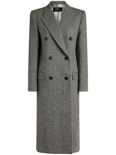 black/white wool blend herringbone pattern peak lapels double-breasted button fastening long sleeves buttoned cuffs two front flap pockets straight hem central rear vent full lining Long Wool Coat, Long Sleeve Outerwear, Green Coat, Cotton Coat, Double Breasted Coat, Coat Black, Work Clothes, Herringbone Pattern, Short Coat