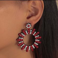 This Pair Of Round Rhinestone Drop Earrings Is A Wonderful Addition To Your Wardrobe And Your Style! A Fun Pair With A Lovely Shine! Earrings Color, Your Style, Red White, Red And White, Jewelry Earrings, Women Jewelry, Wonder, Drop Earrings, Sun