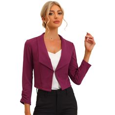 Be perfectly polished in this Regular Fit notch-lapel blazer designed in solid color and crop length. Show off your business style in this Allegra K notched lapel crop blazer. Style it with your trousers and heels to be a spotlight. This smart collarless blazer features an angled hem that is shorter in the back for a fashionably cool look. Classic OL style, you can wear it year-round. Fitted Solid Color Blazer For Office, Fitted Notch Lapel Blazer In Solid Color, Fitted Blazer With Notch Lapel In Solid Color, Fitted Solid Color Blazer With Notch Lapel, Fitted Cropped Jacket With Suit Collar For Business Casual, Collarless Blazer, Lapel Blazer, Ruched Sleeve, Blazer Style