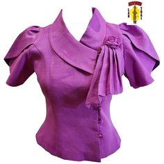 Thai - Lao Blouse 2005-PU-36 Elegant Fitted Tops For Weddings, Elegant Short Sleeve Wedding Blouse Piece, Fitted Short Sleeve Blouse For Semi-formal Occasions, Fitted Short Sleeve Blouse For Semi-formal Events, Traditional Fitted Evening Tops, Fitted Purple Blouse For Evening, Classic Fitted Wedding Blouse, Fitted Purple Evening Blouse, Traditional Formal Tops For Spring