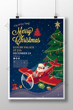 a christmas flyer with santa riding a sleigh in front of a christmas tree