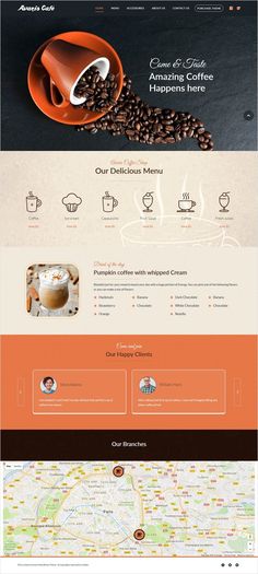 the website design for coffee shop is shown in orange and black colors, with an image of