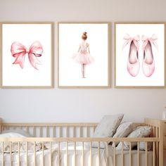 three pictures of ballet shoes and a ballerina's dress hanging on the wall