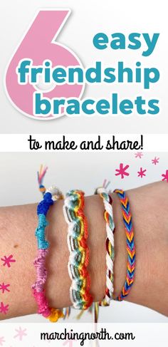 four different bracelets with the words, easy and fun to make and share on them