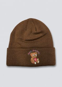 Keeping you warm and cozy in our new 90% Devil Beanie. This classic brown colored beanie features a soft ribbed fabrication with an embroidered teddy bear graphic on the front and a fold-over cuff. Soft and stretchy construction Ribbed knit fabrication One size fits most Unisex Return Policy Shipping Policy Trendy Brown Beanie For Cold Weather, Trendy Warm Brown Beanie, Trendy Brown Beanie For Fall, Brown Cotton Winter Hat, Brown Casual Beanie, One Size Fits Most, Brown Casual Beanie One Size Fits Most, Casual Brown Beanie One Size Fits Most, Casual Brown Cotton Beanie, Casual Warm Brown Beanie