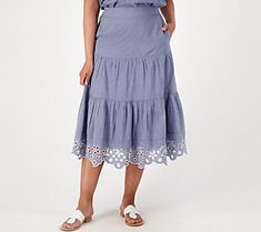 Think of it as a fancy cousin to regular cotton. You can still count on it being comfortable and cool, but this cotton lawn skirt has a crisp finish with a bit more structure. Its relaxed fit, tiered panels, and embroidered hemline means there's lots of opportunity for testing out a few stolen twirls (and turning heads). Have fun! From Isaac Mizrahi Live!TM. Embroidered Skirted Bottoms For Spring, Spring Embroidered Skirted Bottoms, Embroidered Skirted Bottoms For Summer, Embroidered Summer Skirt, Cotton Embroidered Skirt With Relaxed Fit, Relaxed Cotton Skirt With Embroidery, Casual Cotton Skirt With Embroidered Hem, Cotton Skirt With Embroidered Hem, Long Cotton Skirt With Embroidered Hem