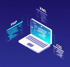 a laptop computer sitting on top of a blue table next to an xml document and text box