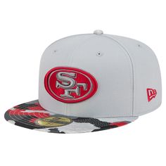 the san francisco giants new era 59fifty fitted hat is shown in grey and red