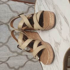 The Strappy Perfect Summer Wedge! Boc Chiana Sandal. Beautiful Taupe Color, Foot Bed Is Cushioned And Comfortable. Adjustable Ankle Straps. Cork Heel. Zero Wear, Brand New Without Box Vacation Beige Wedge Sandals With Arch Support, Beige Synthetic Wedge Sandals With Arch Support, Beige Wedge Sandals With Arch Support, Cream Wedge Sandals With Cushioned Footbed, Cream Synthetic Wedge Sandals With Cushioned Footbed, White Strappy Sandals, Floral Wedges, Tan Ankle Boots, Brown Wedge Sandals