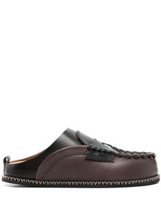 black/brown calf leather polished effect smooth grain pull-tab at the heel penny slot whipstitch detailing contrasting panel detail branded insole flat rubber sole