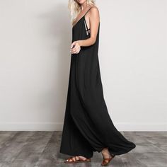 Summer V Neck Long Jumpsuits Casual Loose RompersSize information: Note： MOQ:10 (Minimum order Long Jumpsuit Casual, Loose Romper, Loose Overalls, Wide Leg Jumpsuits, Straps Jumpsuit, Jumpsuit Summer, Summer Black, Long Jumpsuits, Summer Fabrics