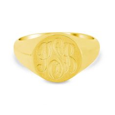 A signet ring is a classic jewelry option that celebrates oneself or one's family heritage. While some signet rings can be engraved with a family crest, our signet rings can be engraved with initials up to three characters but can easily look stunning with just a single initial. The initials can be engraved with computer, laser, or hand engraving which each have their own aesthetic appeals and the font style options are Roman or Script. The combination together that you choose creates a final product that is extremely personalized and custom.
Product Information
Metal: Silver, 14k Gold, 18k Gold or Platinum 950
Face Shape: Round
Face Size: 13x13mm
Approximate Weight - Solid Back (Based on size 10 ring): 
7.6 grams in 14k Gold
6.1 grams in Sterling Silver
9.9 grams in 18k Gold
12.2 grams in