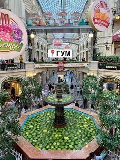 the inside of a shopping mall filled with lots of green plants and water lilies