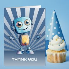 a thank you card with a robot holding a cupcake and wearing a party hat