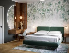 a bedroom with a green headboard and white bedding, along with a mirror on the wall