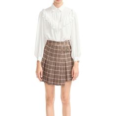 Size: 36(1s) Color: Beige Preppy Mini Skirt For Fall Workwear, Preppy Fall Mini Skirt For Workwear, Elegant Houndstooth Mini Skirt For Work, Chic Plaid Skirt For Workwear, Elegant Houndstooth Mini Skirt, Elegant Plaid Mini Skirt For Work, Elegant Ruffled Mini Skirt For Fall, Ruffled Skirt Bottoms For Workwear In Fall, Fall Workwear Ruffled Skirt