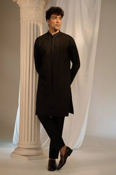 Black longline Nehru jacket with tonal thread work and beaded embroidery. Comes with embroidered placket and bordered kurta and a pant. - Aza Fashions Traditional Embroidered Outerwear For Work, Embroidered Nehru Jacket With Long Sleeves For Work, Embroidered Nehru Jacket For Work With Long Sleeves, Embroidered Nehru Jacket For Work, Embroidered Long Sleeve Kurta For Work, Long Sleeve Chikankari Kurta For Work, Embroidered Tailored Kurta For Workwear, Traditional Black Outerwear With Chikankari Embroidery, Fitted Embroidered Kurta For Work