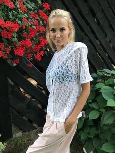 "Vintage Light Blue Lace Blouse Sheer Boho blouse Elegant Summer Blouse Button Up Shirt Medium to Large Size Label size: M/L Measurements: (lying flat) Length - 19,5\" / 50 cm Shoulders: 15\" / 38 cm pit to pit: 19,5\" / 49 cm Waist: 18,5\" / 47 cm Sleeve: 6,5\" / 17 cm Please check measurements to insure a proper fit. Remember to allow yourself some extra room for movement. You can compare these with something from your closet that fits you well. This blouse will come to you freshly laundered a Spring Collared Lace Top Blouse, Spring Collared Lace Blouse, Spring Lace Top Collared Blouse, Collared Lace Top Blouse For Spring, Summer Lace Top Collared Blouse, Short Sleeve Lace Top Blouse For Day Out, Chic Collared Lace Top Blouse, Summer Daywear Blouse With Lace Collar, Collared Lace Top