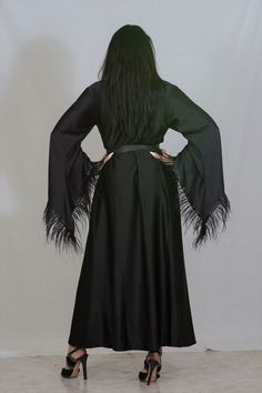 black silk robe Luxury Black Long Sleeve Robe, Long Sleeve Feather Robe For Parties, Satin Dresses With Feather Trim, Elegant Satin Robe With Feathers, Party Robe With Satin Finish And Long Sleeves, Long Sleeve Party Robe With Satin Finish, Elegant Feathered Evening Robe, Elegant Loungewear, Black Satin Robe