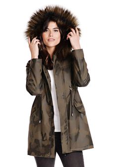 Inspired by Euro/urban streetwear trends, enter a fabulously-wearable anorak! Outside, the cool, edgy camo-print body is surpassed only by the the super-cool Dark Green Fox trim fur! Inside, a Black quilted lining in the body, sleeves and hood promises serious yet sleekly-compact warmth! A draw cord waist with adjustable cordlocks further add to the sleek silhouette AND trap body heat. Anorak styling includes a placket set with six snaps, concealing a zipper closure. Enjoy the convenient option Urban Camouflage Outerwear With Adjustable Hood, Trendy Camouflage Outerwear For Streetwear, Fall Nylon Parka With Adjustable Hood, Urban Camouflage Hooded Outerwear, Fall Camouflage Outerwear For Streetwear, Camouflage Outerwear For Winter Streetwear, Urban Camouflage Outerwear For Winter, Camouflage Outerwear For Fall Streetwear, Urban Camouflage Winter Outerwear