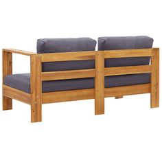 two wooden benches with grey cushions on them