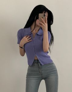 Lilac Short Sleeves Dual Zipper Top | Chae Yoo Jin - Forecasting Love And Weather M Forecasting Love And Weather, Moon Top, Fashion Chingu, Black Bustier, Romper Suit, Slim Fit Shorts, Zipper Top, Knit Vest, Corset Top