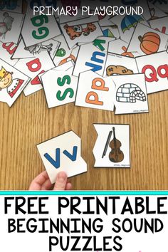 Free printable beginning sound puzzles spread out on a table with a hand holding a V and violin puzzle piece. Beginning Sounds Kindergarten, Morning Centers, Tot Schooling, Phonic Activities, Prek Centers, Rainbow In A Jar, Book Buddies, Spring Science