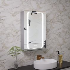 a bathroom with a sink, mirror and plant on the counter in front of it