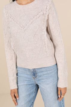 Your winter looks are sure to be the cutest yet when you've got the Lulus Sweetest Warmth Heather Taupe Cable Knit Lace Trim Sweater! Soft and stretchy knit, with subtle heathered design and a cable-knit texture, shapes long sleeves and a crew neckline. Bodice boasts vintage-inspired crochet lace across the front, with ribbed knit at the neckline, cuffs, and hem. Fit: This garment fits true to size. Length: Size medium measures 20.5" from shoulder to hem. Bust: Great for any cup size. Waist: Not Fitted - comfortable room throughout midsection. Undergarments: May be worn with any standard bra. Fabric: Fabric is very stretchy. Unlined. 70% Acrylic, 27% Nylon, 3% Spandex. Exclusive Of Decoration. Hand Wash Cold. Do Not Bleach. Hang Dry. Iron Low Heat. Imported. Lulus | Sweetest Warmth Heather Knit Lace Sweater, Lace Trim Sweater, Knit Lace, Knit Texture, Lace Sweater, Cup Size, Lace Knitting, Winter Looks, Crochet Lace