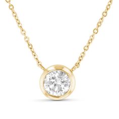 Always just the right look, this classic diamond necklace is the start of something beautiful. Crafted in 14K gold, this sparkling style showcases a 1 ct. diamond solitaire boasting a color rank of I and clarity of SI2 - in a sleek bezel setting. Buffed to a brilliant luster, this dazzling design sits centered along an 18.0-inch cable chain that secures with a lobster claw clasp. Timeless Yellow Gold Solitaire Necklace With Round Stone, Classic Diamond Necklace With Round Single Diamond, Classic Diamond Necklace With Single Round Stone, Classic Round Cut Diamond Necklace With Bezel Setting, Classic Round Stone Diamond Necklace, Classic Yellow Gold Solitaire Diamond Necklace, Classic Solitaire Necklace In 14k Gold, Brilliant Cut, Classic 14k Gold Solitaire Necklace With Round Pendant, Classic 14k Gold Solitaire Necklace With Brilliant Cut