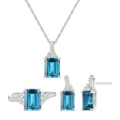 Representing eternal friendship or romance, this set features matching emerald-cut blue topaz earrings, pendant and ring in sterling silver. With lab-created white sapphire accents, each piece gleams worn alone but truly bursts to life worn together. Made to share with someone most special, this set takes gifting the extra mile, self-gifting included. | Emerald-Cut Blue Topaz Earrings, Pendant Necklace and Ring Set | White | Size 8 | Helzberg Diamonds Popular Earrings, Sapphire And Diamond Earrings, Measure Ring Size, Helzberg Diamonds, Blue Topaz Necklace, White Sapphire Ring, Emerald Cut Rings, Blue Topaz Earrings, Silver Jewellery Sets