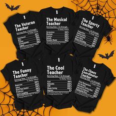 Fuel your work party fun with our Nutritional Facts Teacher Halloween Shirts Shirt! Perfect for whole school. This customizable shirt is ideal for DIY Halloween group costumes, making it the ultimate matching Halloween shirt for your team🎉👔 ------------------------------------------------------------------------------------------------------ 1. MAKE SURE THAT YOU HAVE READ ALL PERTINENT INFORMATION AND YOU HAVE SCROLLED THROUGH ALL OF THE PHOTOS. 2. ONCE THAT HAS BEEN COMPLETED, PICK YOUR SHIR Teacher Tshirt Halloween Costumes, Special Education Halloween Costumes, Fall Teacher Shirts Funny, Tired Teacher Costume, Math Teacher Halloween Costumes, Black T-shirt With Letter Print For School Events, Black Graphic Shirt For School Events, Black Graphic Print Shirt For School Events, Black Cotton T-shirt For School Events