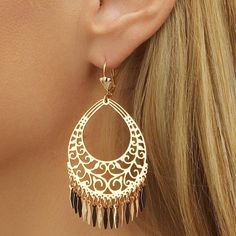 Filigree Cut-Out Chandelier Earrings Gold Plated Fringe Earring Filigree Hanging Dazzling Style Earrings 18k Gold Plated Elegant Hoop Earrings With Dangling Charms, Elegant Yellow Gold Hoop Earrings With Dangling Charms, Elegant Metal Earrings With Dangling Charms, Elegant Gold Chandelier Earrings With Dangling Charms, Rose Gold Dangle Chandelier Earrings, Rose Gold Dangle Chandelier Earrings For Pierced Ears, Chandelier Earrings Gold, Fringe Earring, Gold Chandelier Earrings