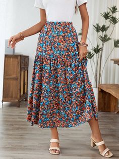 Women's Patchwork Floral Print Long Midi Skirt Multicolor Boho   Woven Fabric Floral,Plants,All Over Print Layered/Tiered Non-Stretch  Women Clothing, size features are:Bust: ,Length: ,Sleeve Length: Floral Midi Skirt Outfit, Midi Rock Outfit, Midi Skirt Floral, Long Midi Skirt, Midi Skirt Outfit, Long Midi, Floral Patchwork, Skirt Floral, Floral Midi Skirt