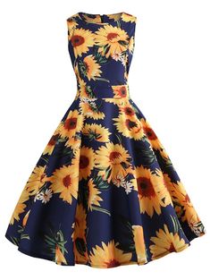 Vintage Sunflower Print Belted Pin Up Dress - Midnight Blue - 3O94616014 - Original Design-Women's Clothing  #OriginalDesignWomensClothing #Original #DesignWomen's #Clothing Tea Evening, Retro Summer Dress, Party Short Dress, Flower Print Dress Summer, Retro Sunflower, Rockabilly Party, Vintage Tea Dress, Dresses 1950s, Sunflower Dress