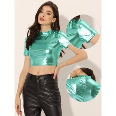 With its sleek and modern style, this short-sleeve crop top is the perfect addition to any outfit, making it instantly party-ready. Crafted with a mock neck, short sleeves, and a perfectly fitted bodice, this essential party top is sure to turn heads wherever you go. Whether you're heading to a club, night out, music festival, or any other occasion, this versatile piece can be dressed up or down to suit your style. Made from top-quality materials, this sparkle tee is not only stylish but also co Holographic Crop Top, Basic Crop Tops, Metallic Crop Top, Party Crop Tops, Sparkle Party, Metallic Shorts, Club Night, Outfit Making, Short Sleeve Cropped Top