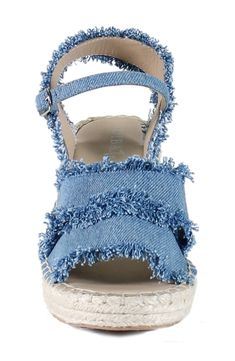 Vintage-chic casual style is the name of the game with this espadrille-inspired wedge sandal topped with artfully frayed denim straps. 3" heel; 1" platform Adjustable strap with buckle closure Cushioned footbed Textile upper/leather lining/rubber sole Imported Frayed Denim, Chic Casual, Blue Sandals, Wedge Sandal, Vintage Chic, Wedge Sandals, The Game, Casual Style, Rubber Sole