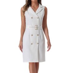 This regular-fit double-breasted dress can be paired with heels for a classic look. Cut to a fit shape with a self-tie belt over your waist as the highlight, this dress creates a slim silhouette. Flaunt a shapely work-to-play vibe in this blazer dress, which is both pretty and stylish. You can match it with blazers or Overcoats. This elegant and cute blazer dress is designed with a notched lapel, which adds a touch of elegance and cuteness to your wardrobe. Fitted Knee-length Belted Dress With Buttons, Knee-length Fitted Belted Dress With Buttons, Fitted Belted Dress With Button Closure For Work, Fitted Belted Dress With Buttons, Double-breasted Belted Dress For Office, Office Wear Double-breasted Belted Dress, Office Double-breasted Belted Dress, Office Belted Double-breasted Dress, Chic Fitted Belted Dress With Button Closure