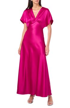 Shirred details and fluttering sleeves add to the enchantment of a satin party dress drenched in an eye-popping hue. 57 1/2" length (size 8) Hidden side-zip closure Deep V-neck Short sleeves Unlined 97% polyester, 2% spandex, 1% other fibers Hand wash, line dry Imported Short Sleeve Evening Dress With Pleated Bodice For Party, Formal Evening Dress With Flutter Sleeves, Flutter Sleeve Dresses For Gala, Fitted Bodice Cap Sleeve Evening Dress For Party, Elegant Pink Silk Evening Dress, Pink Satin Evening Dress, Pink A-line Satin Evening Dress, Pink V-neck Silk Party Dress, Chic Evening Dresses With Cap Sleeves