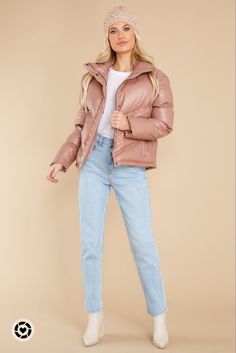 Fluffy Jean Jacket Outfit, Pink Puffer Jacket Outfit, Puffer Jacket Outfits, Peach Jacket, Sweaters Outfit, Winter Jacket Outfits, Pink Puffer Coat, Pink Puffer Jacket, Rose Taupe