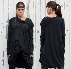 Long Sleeve Black Tunic/ Draped Tunic/ Black by Metamorphoza Black Draped Dress For Fall, Black Lagenlook Tunic Dress, Black Lagenlook Long Sleeve Dress, Black Asymmetrical Lagenlook Dress, Loose Black Dress, Black Tunic, Loose Tops, Womens Tunics, Black Blouse