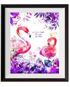 two pink flamingos in watercolor with purple flowers and leaves on the bottom right side