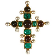 Maison Gripoix for Chanel Renaissance cross pendant brooch from 1992 Autumn/Winter. Of ruby and emerald poured glass enamel round and rectangular cabochons. Set in gilded bronze with handmade baroque nacre Maison Gripoix pearls. Worn in a ruby color way by Linda Evangelista in the CHANEL 1992 Autumn / Winter Runway show. Excellent Condition, Signed. 5.25" x 4.25". Chain not included. Winter Runway, Vintage Chanel Jewelry, Byzantine Jewelry, Ruby Color, Vintage Designer Jewelry, Pendant Brooch, Linda Evangelista, Chanel Vintage, Chanel Jewelry