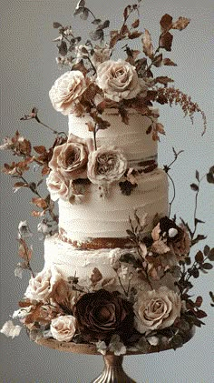 a three tiered cake with white frosting and lots of flowers on the top