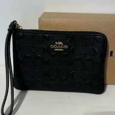 Beautiful Wallet/Wristlet In Black Embossed Leather. Size Appropriately 4”X6”. Black Rectangular Clutch With Wrist Strap, Black Embossed Wallet For Everyday Use, Black Wallet With Wrist Strap For Gift, Black Clutch Wallet With Wrist Strap, Black Rectangular Leather Wristlet, Black Handheld Wallets With Zipper Closure, Black Handheld Wallet With Zipper Closure, Coach Black Wristlet With Zipper Pouch, Black Rectangular Wristlet With Zipper Closure