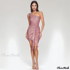 Olivia Mark - Sleeveless One-Shoulder Bandage Dress with Sequin Embellishments Glamorous Pink One-shoulder Evening Dress, Pink One-shoulder Mini Dress For Homecoming, Glamorous Fitted One Shoulder Sleeveless Dress, Pink Sleeveless One Shoulder Dress For Gala, Pink Sleeveless One-shoulder Dress For Gala, Glamorous Pink One-shoulder Dress, Sequin Sleeveless One Shoulder Gala Dress, Glamorous Pink Strapless Dress With Sequins, One Shoulder Sleeveless Sequin Dress For Gala