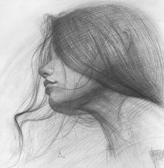 a drawing of a woman's face with long hair and eyes closed, in black and white