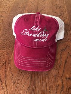 Like strawberry wine... can be embroidered on any hat in our shop! *The example in picture is dark red Comfort Color hat, snapback These can be unisex. ~NO RETURNS~ Lil Stitches Designs is not responsible for color differences that vary from monitor/screen compared to the actual product. Refunds will not be processed after 24 hours. Any defects in the product must be properly documented and noted within 3 business days. Photos of all products will be taken Lil Stitches Designs Prior to leaving s Vintage Curved Bill Trucker Hat For Summer, Summer Cotton Trucker Baseball Cap, Summer Trucker Baseball Cap In Cotton, Summer Brimmed Cotton Trucker Hat, Summer Cotton Brimmed Trucker Hat, Retro Cotton Trucker Hat One Size, Embroidered Summer Trucker Hat With Curved Bill, Retro Cotton Trucker Hat With Visor, Cotton Trucker Snapback Hat For Summer