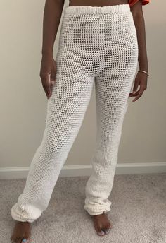 One of a kind stacked Crochet pants. Made with acrylic baby soft yarn. ** This is made to order** please allow  10 days to make... I will need measurements of waist, hips and length from waist down. Can be made in any color you choose. Back and leg pockets are optional. Please message me with any preferences:)Only available for extra small to medium sizes.. Handmade Fitted Bottoms For Summer, Handmade Fitted Summer Bottoms, White Crochet Casual Bottoms, Casual White Crochet Bottoms, Fitted Cotton Beach Pants, Fitted Cotton Pants For Beach, Fitted Cotton Pants For The Beach, Fitted Crochet Casual Bottoms, Fitted Casual Crochet Bottoms